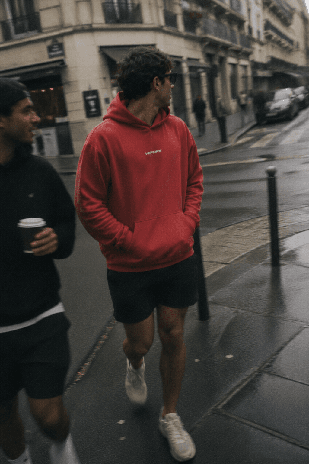 Washed Red Hoodie — worn, city